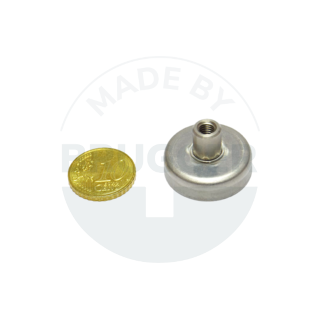 Pot magnet stainless steel housing with threaded bush 25mm M5 made of hard ferrite | © Brugger GmbH