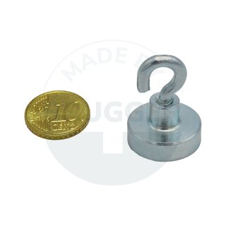 Pot magnet made of NdFeB, steel housing as a complete system with galvanised hook ⌀20mm | © Brugger GmbH