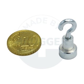 Pot magnet made of NdFeB, steel housing as a complete system with galvanised hook ⌀10mm | © Brugger GmbH