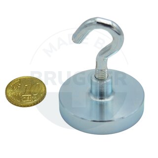 Pot magnet made of NdFeB, steel housing as a complete system with galvanised hook ⌀40mm | © Brugger GmbH