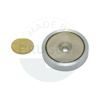 Pot magnet of SmCo steel housing with bore and countersink galvanised up to 280°C 40mm backsite | © Brugger GmbH