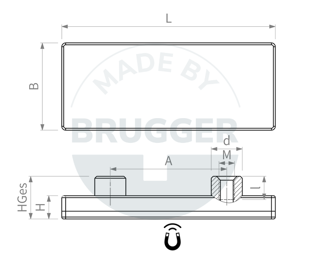 technische Zeichnung gummiertes Magnetsystem rechteckig mit 2x Gewindebuchse | © Brugger GmbH